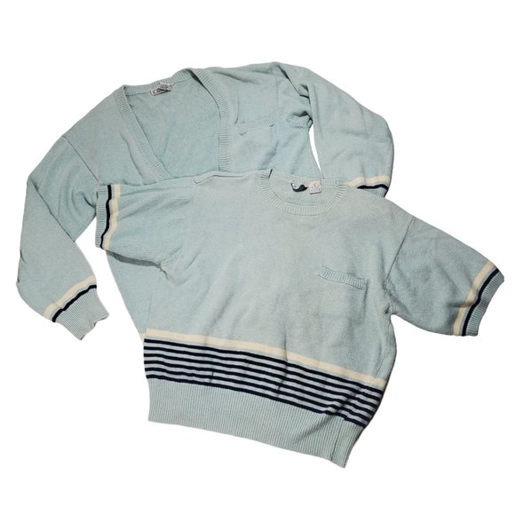 VTG 80s Corporate Woman Knit Cardigan Sweater Set Stripes S/S Top Open-Front - Picture 1 of 7